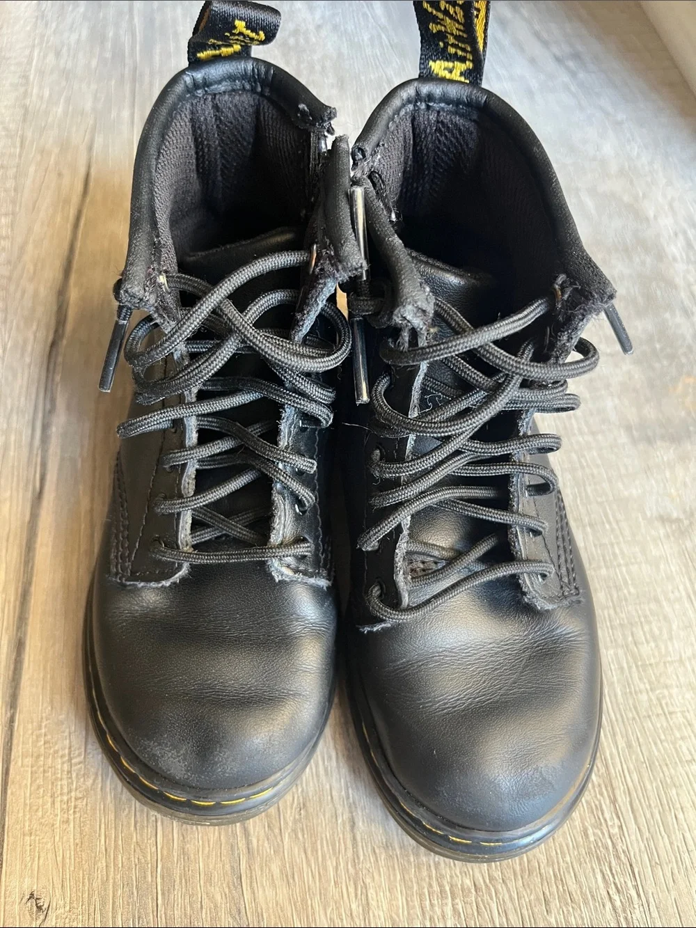 Dr. Martens Kids Black Leather Lace-Up Boots Yellow Stitching, Sz 9